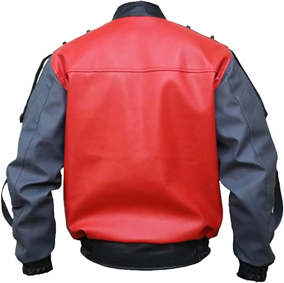 Red Real Leather Bomber Jacket | Men's Red & Grey Letterman Style Motorcycle Jacket | Real & Faux Leather Bomber