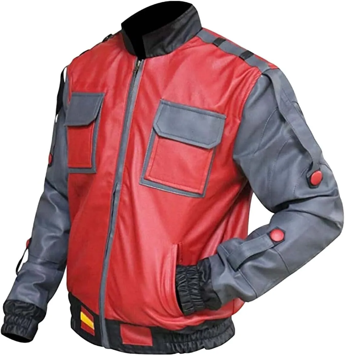 Red Real Leather Bomber Jacket | Men's Red & Grey Letterman Style Motorcycle Jacket | Real & Faux Leather Bomber