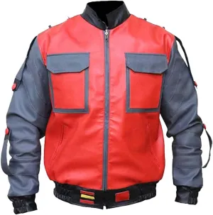 Red Real Leather Bomber Jacket | Men's Red & Grey Letterman Style Motorcycle Jacket | Real & Faux Leather Bomber