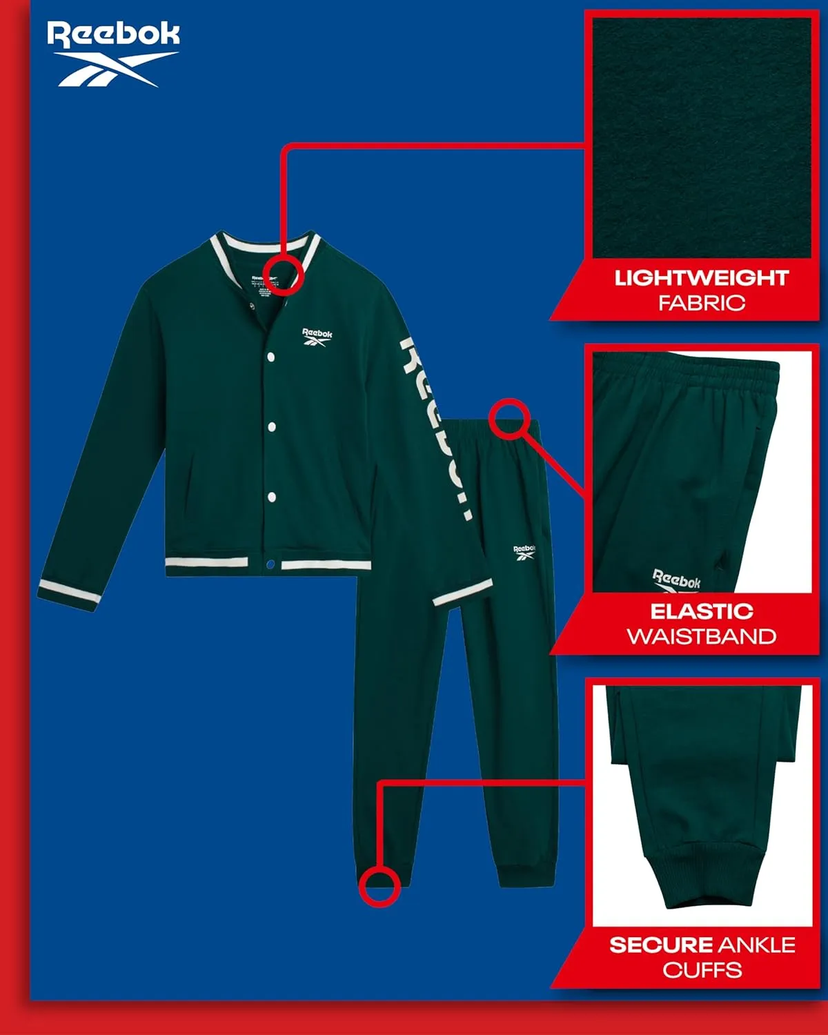 Reebok Boys' Active Tracksuit Set - 2 Piece Performance Fleece Varsity Jacket and Jogger Sweatpants for Boys (Sizes: 8-12)