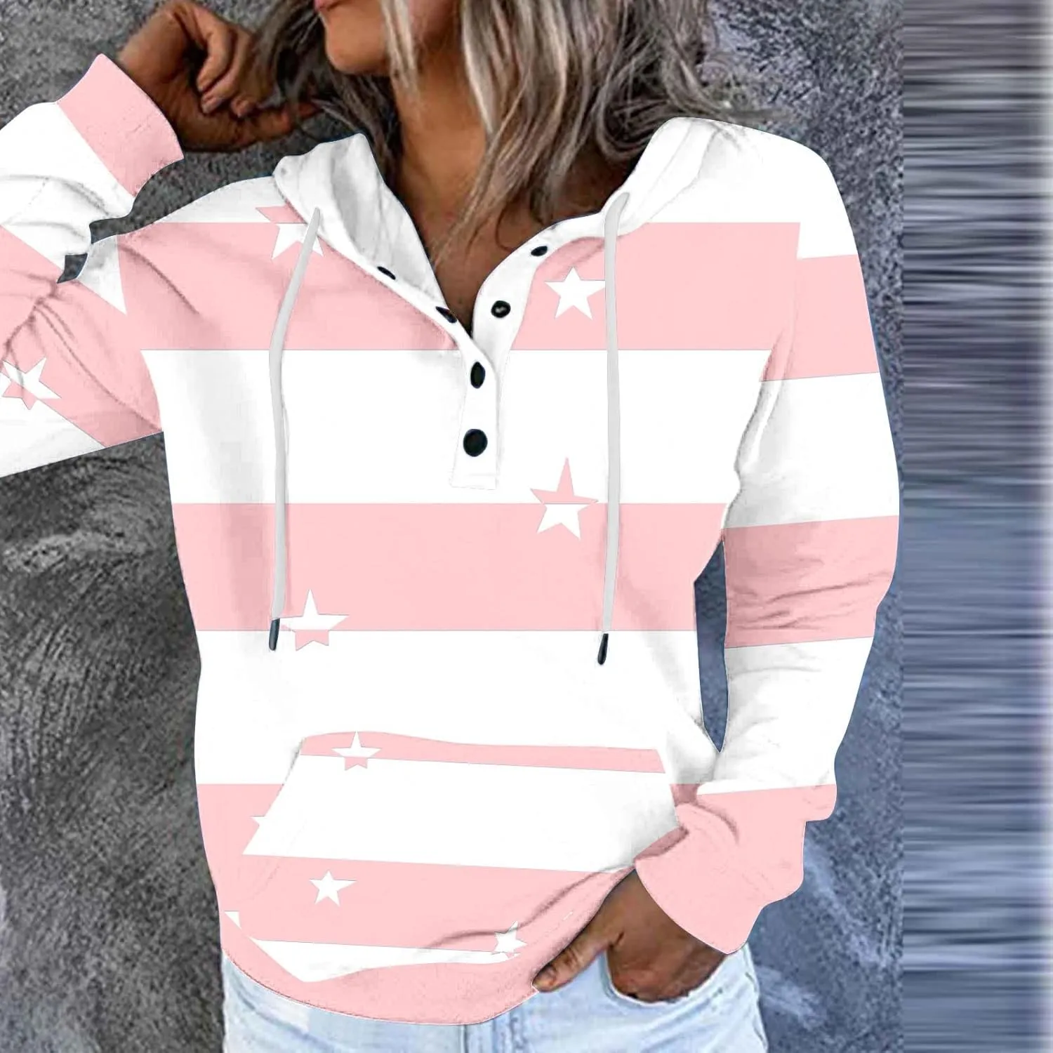 Ruziyoog Hoodie for Women Striped Color Block Button Down Sweatshirt Casual Long Sleeve Drawstring Oversize Pullover
