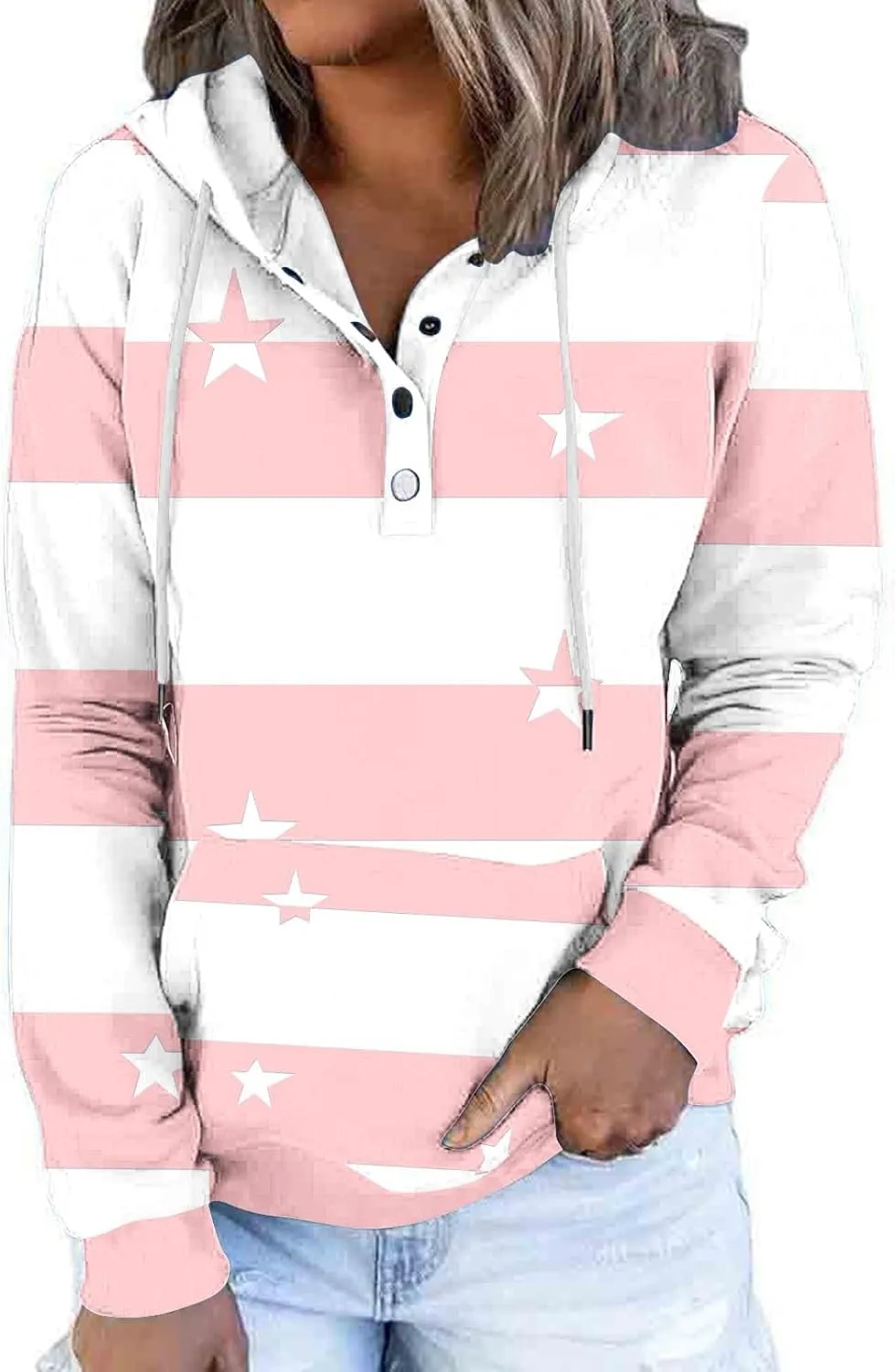 Ruziyoog Hoodie for Women Striped Color Block Button Down Sweatshirt Casual Long Sleeve Drawstring Oversize Pullover