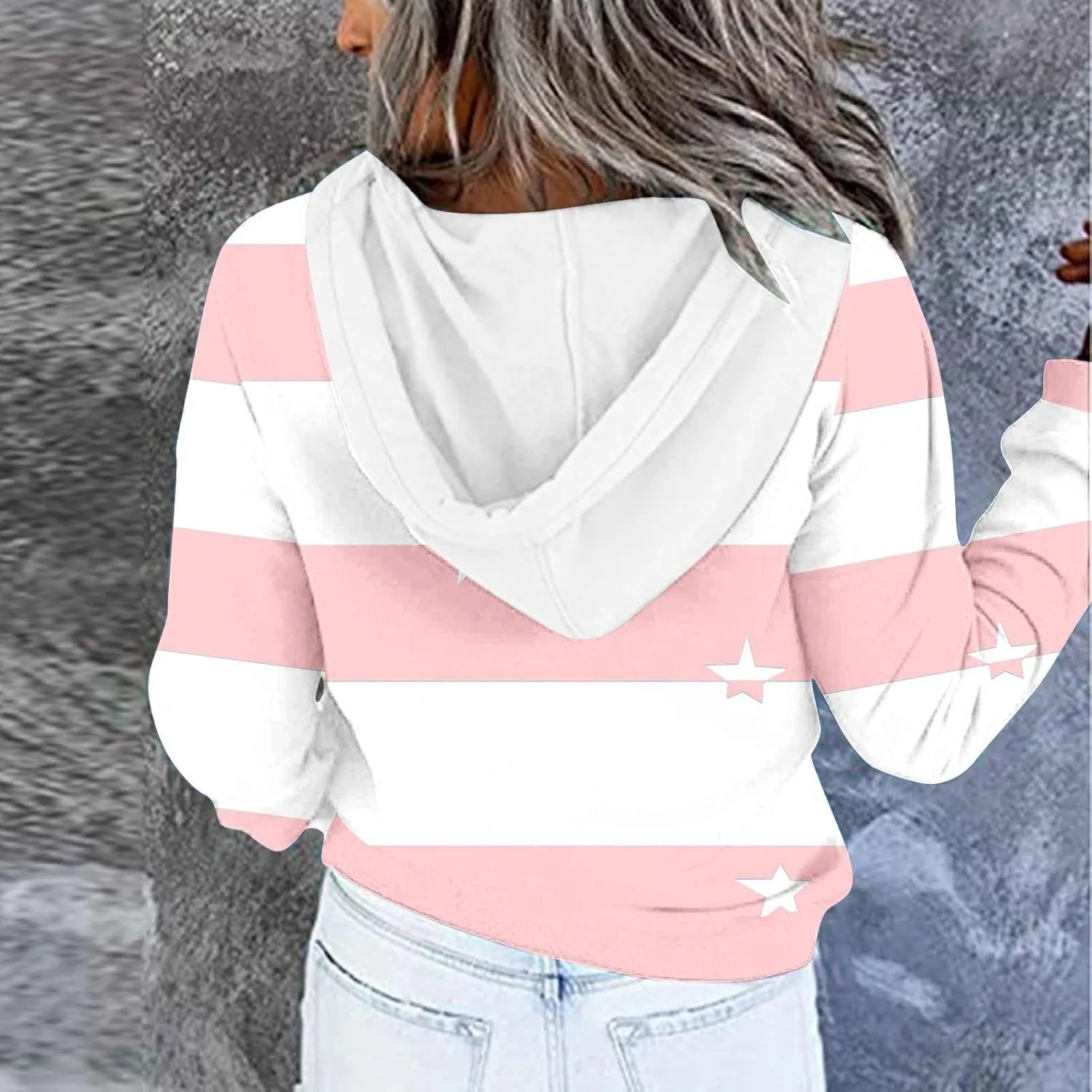 Ruziyoog Hoodie for Women Striped Color Block Button Down Sweatshirt Casual Long Sleeve Drawstring Oversize Pullover