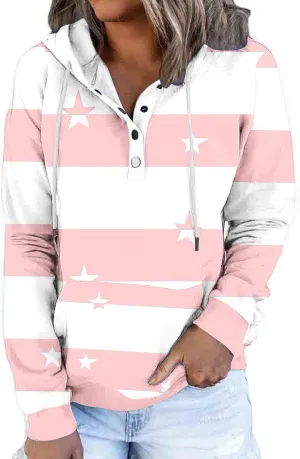 Ruziyoog Hoodie for Women Striped Color Block Button Down Sweatshirt Casual Long Sleeve Drawstring Oversize Pullover