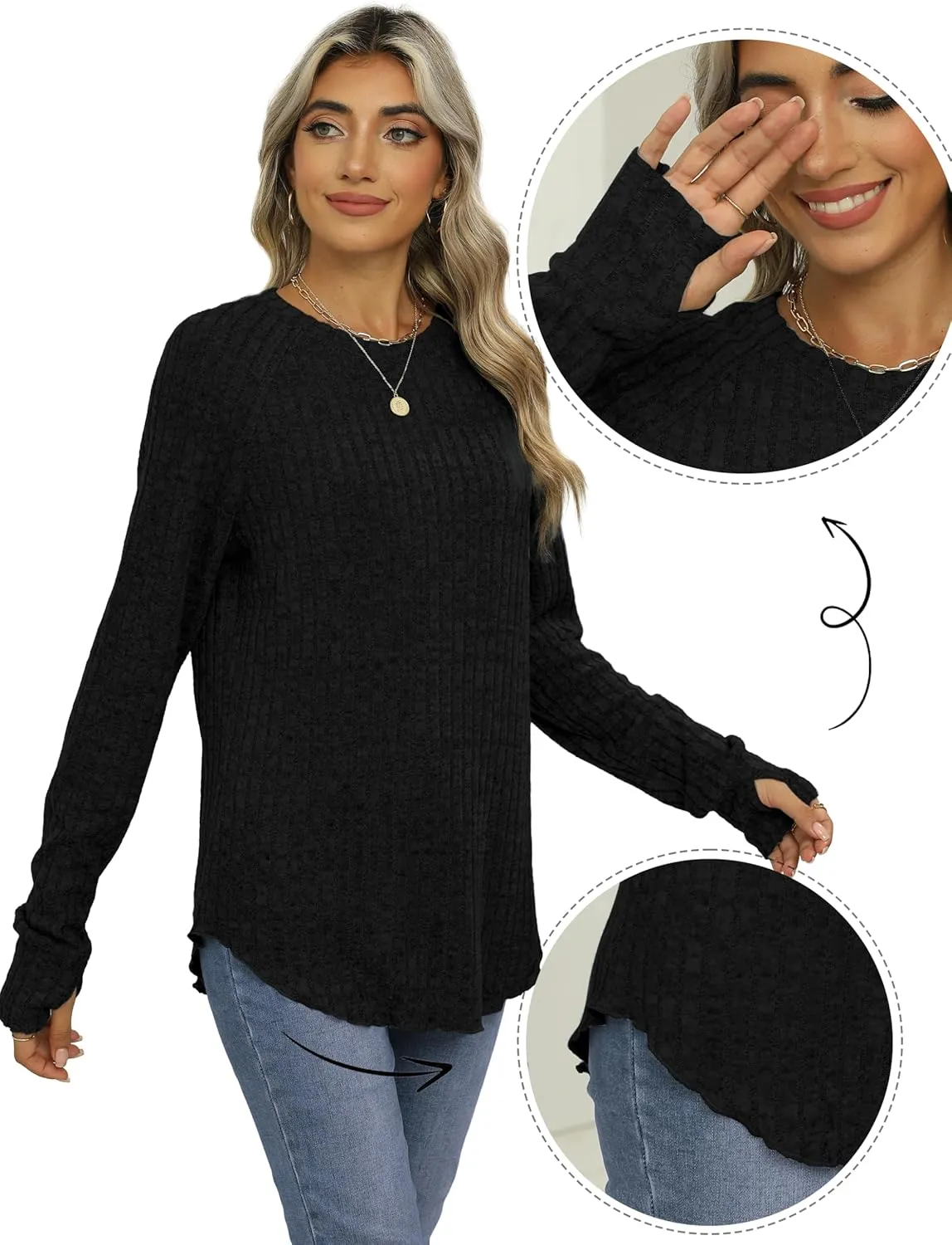 Saloogoe Women's Long Sleeve Top Crewneck Basic Lightweight Fall Shirt with Thumb Hole