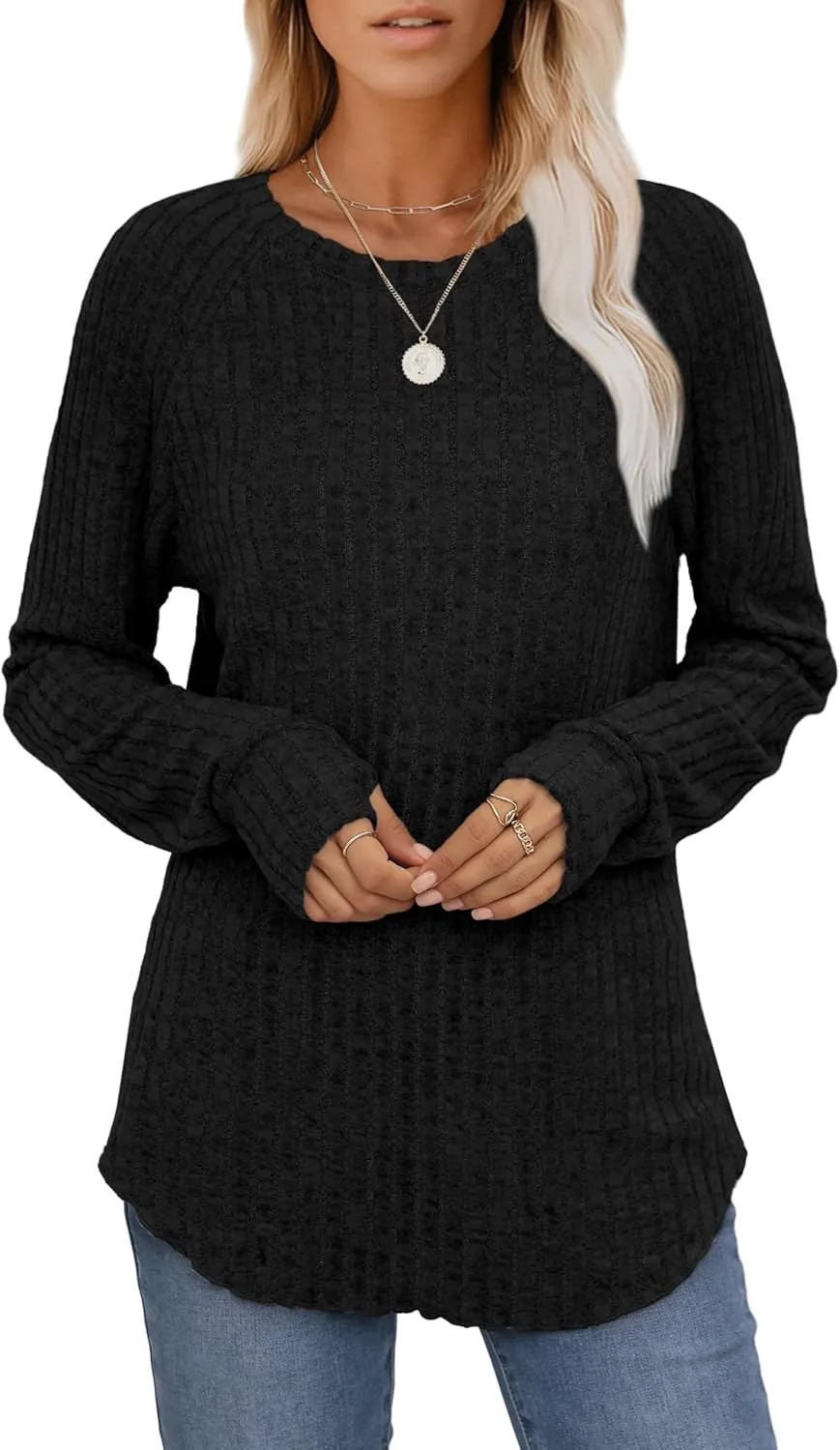 Saloogoe Women's Long Sleeve Top Crewneck Basic Lightweight Fall Shirt with Thumb Hole