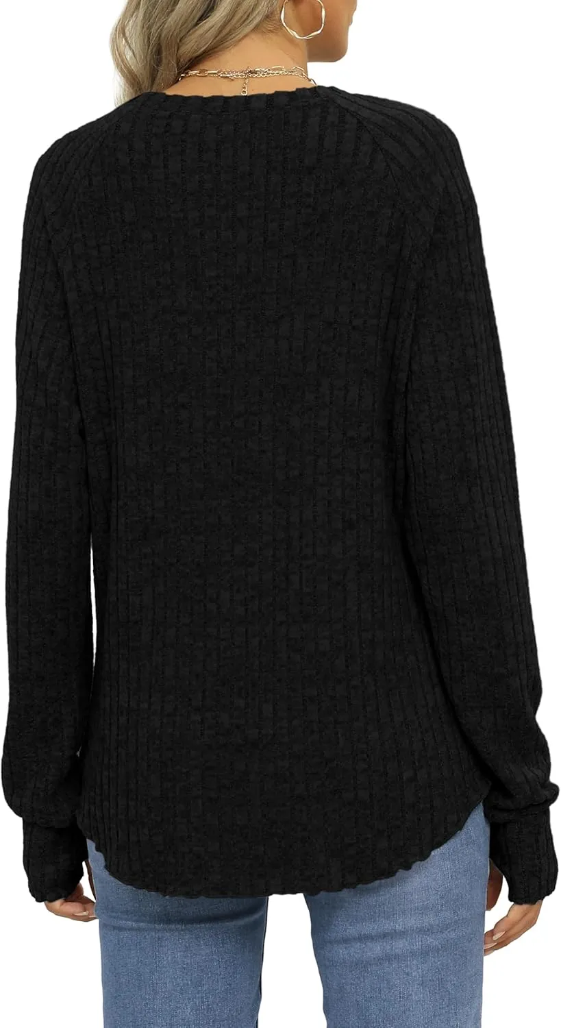 Saloogoe Women's Long Sleeve Top Crewneck Basic Lightweight Fall Shirt with Thumb Hole