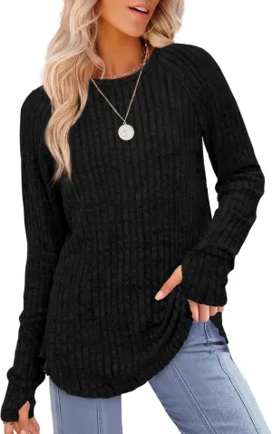 Saloogoe Women's Long Sleeve Top Crewneck Basic Lightweight Fall Shirt with Thumb Hole