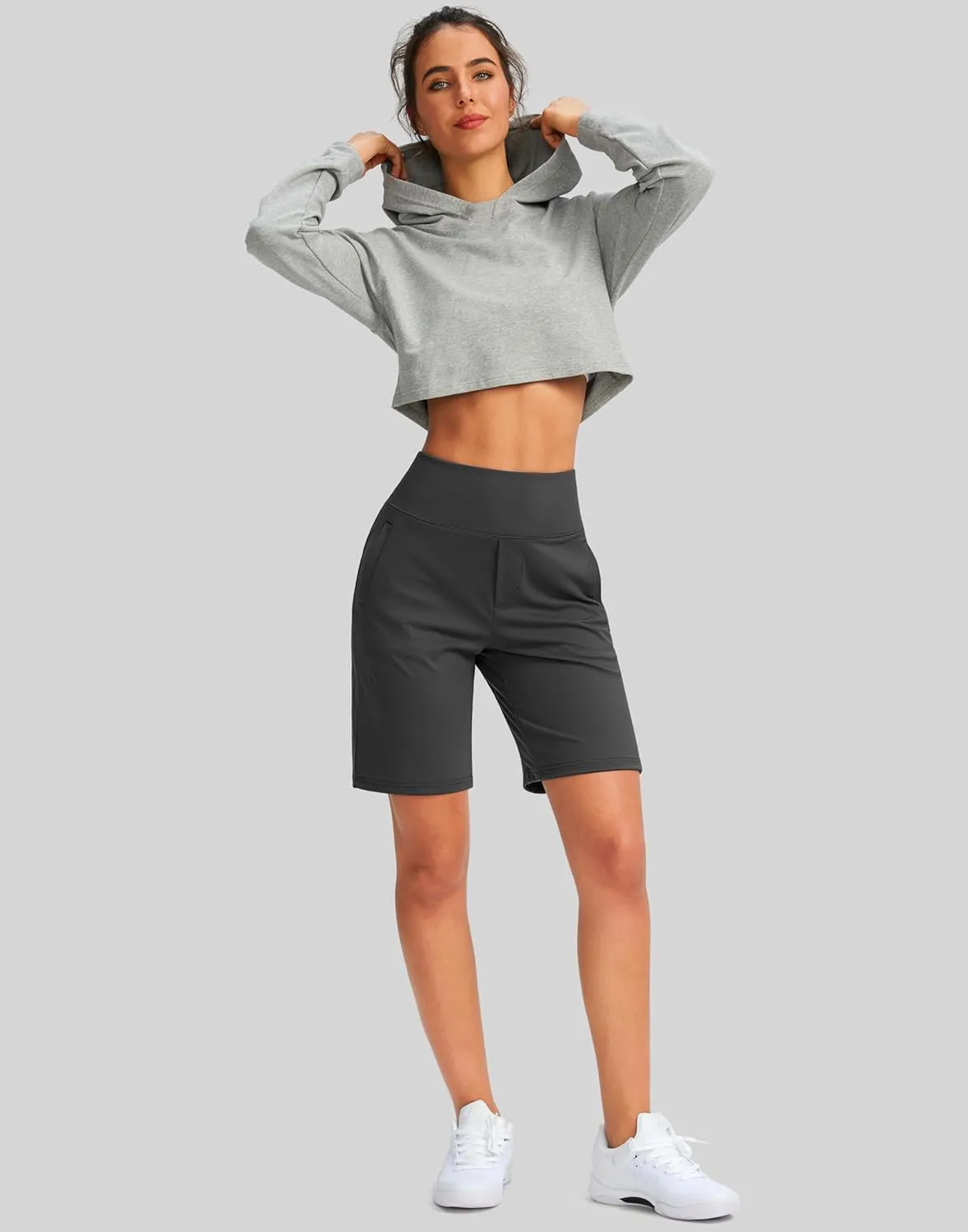 SANTINY Women's 9" High Waisted Bermuda Shorts with 4 Pockets Knee Length Long Shorts for Women Workout Athletic Casual