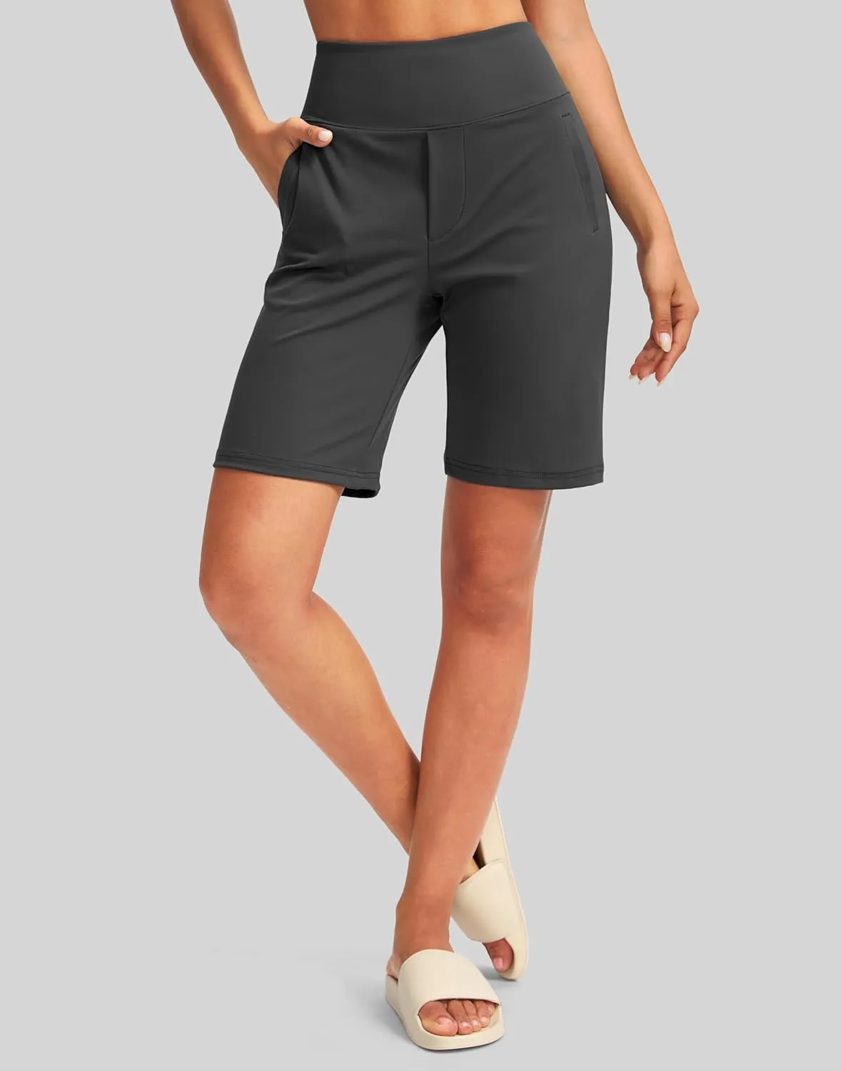SANTINY Women's 9" High Waisted Bermuda Shorts with 4 Pockets Knee Length Long Shorts for Women Workout Athletic Casual