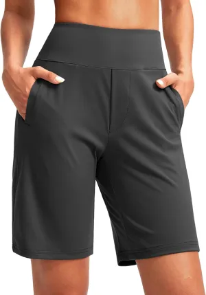 SANTINY Women's 9" High Waisted Bermuda Shorts with 4 Pockets Knee Length Long Shorts for Women Workout Athletic Casual