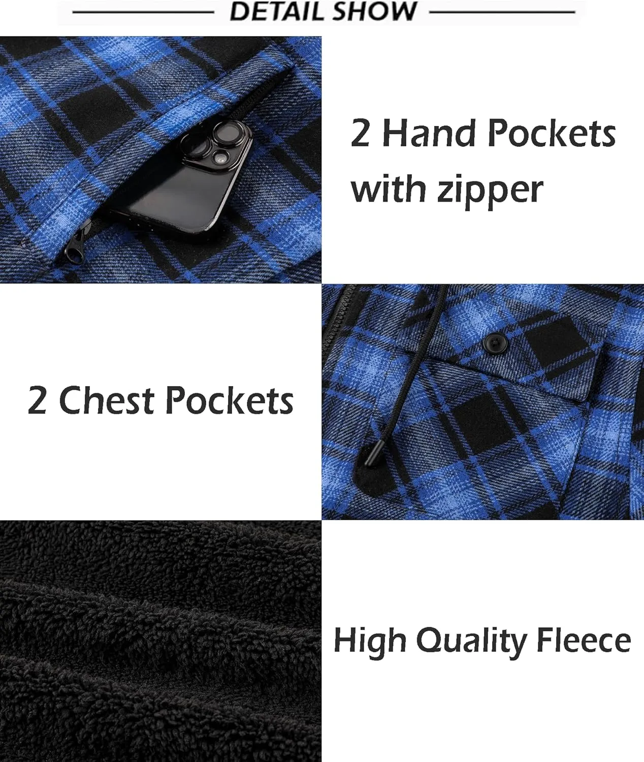 SCODI Men's Flannel Shirt Jacket Fleece Sherpa Lined Plaid Jackets Coat Full Zip Up Hoodie Winter Outwear