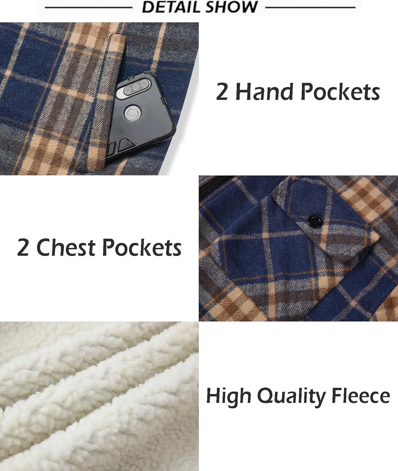SCODI Men's Flannel Shirt Jacket Fleece Sherpa Lined Plaid Jackets Coat Full Zip Up Hoodie Winter Outwear