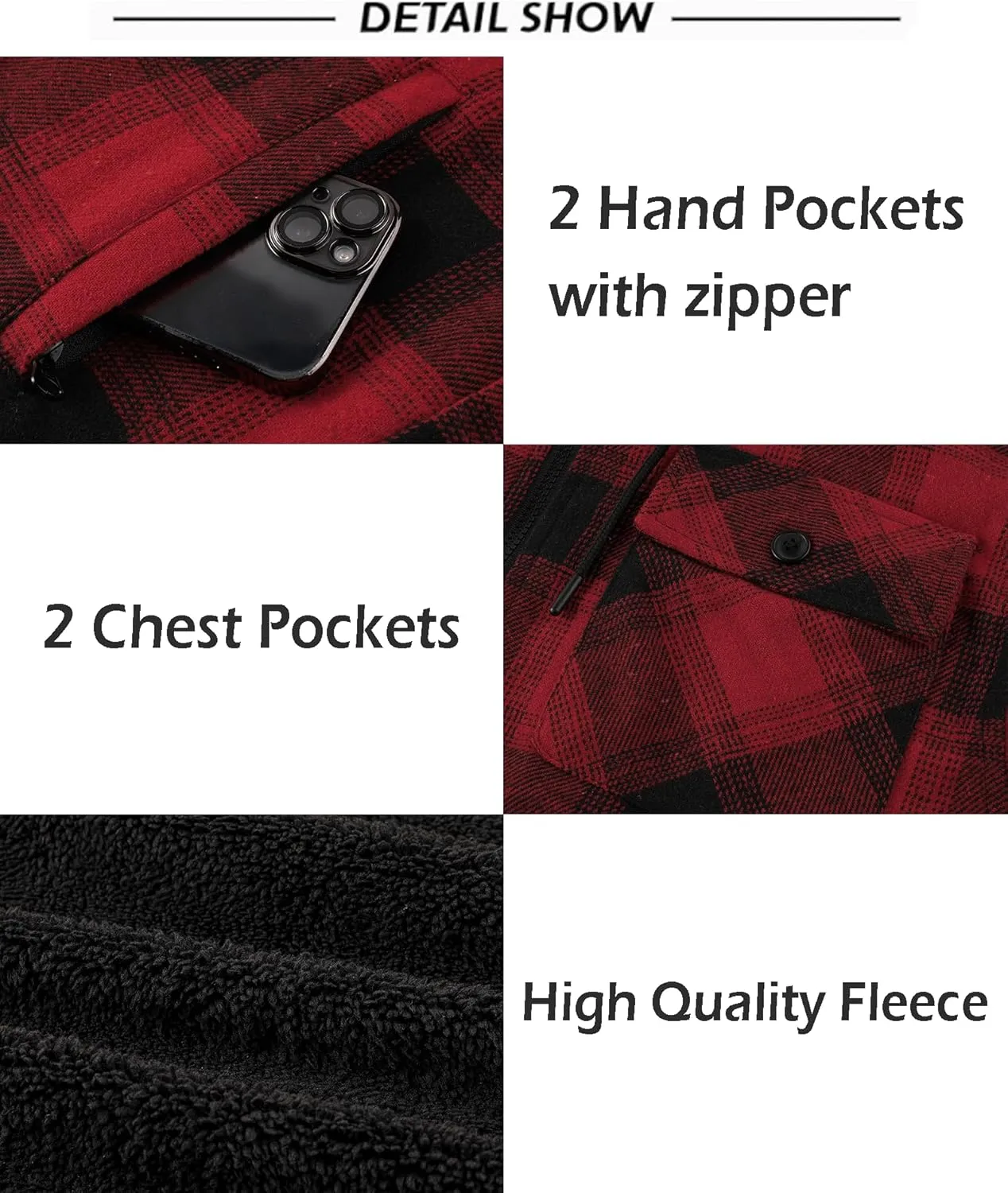 SCODI Men's Flannel Shirt Jacket Fleece Sherpa Lined Plaid Jackets Coat Full Zip Up Hoodie Winter Outwear
