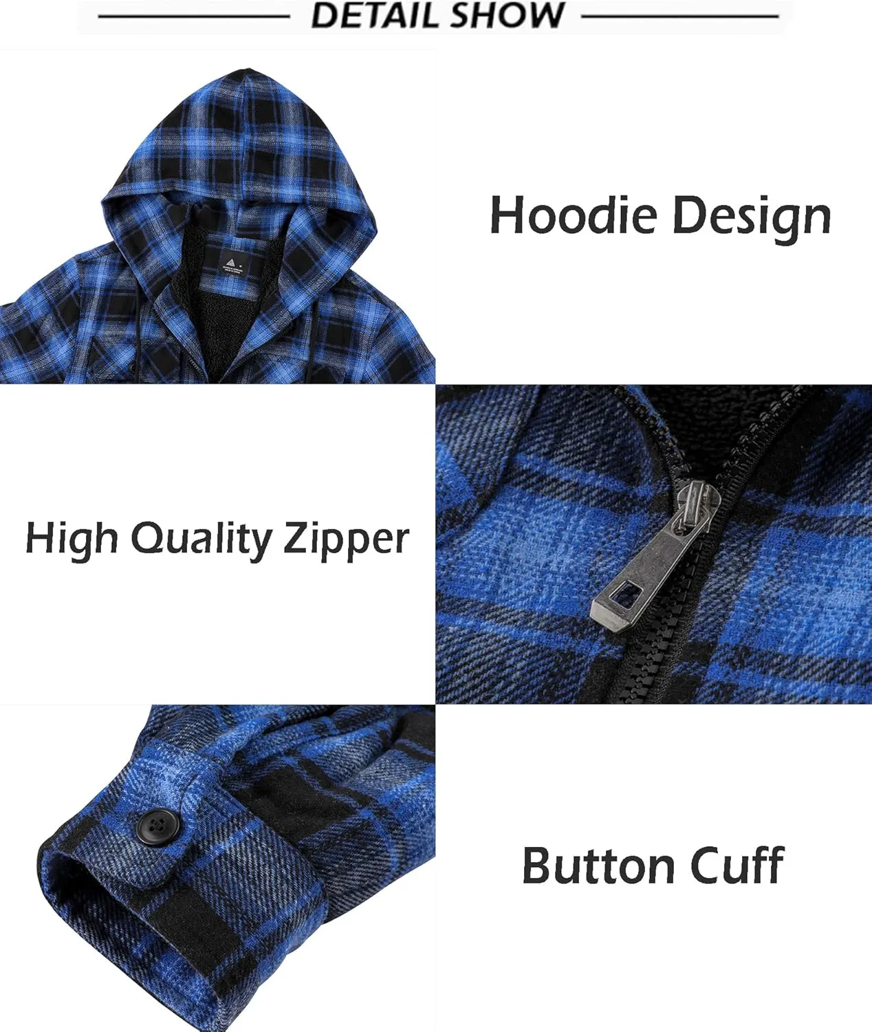 SCODI Men's Flannel Shirt Jacket Fleece Sherpa Lined Plaid Jackets Coat Full Zip Up Hoodie Winter Outwear