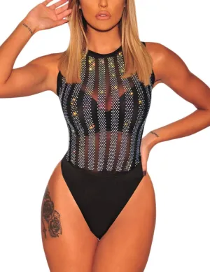 SEBOWEL Women Long Sleeves Mesh See Through Jumpsuit Bodysuit Top Leotard