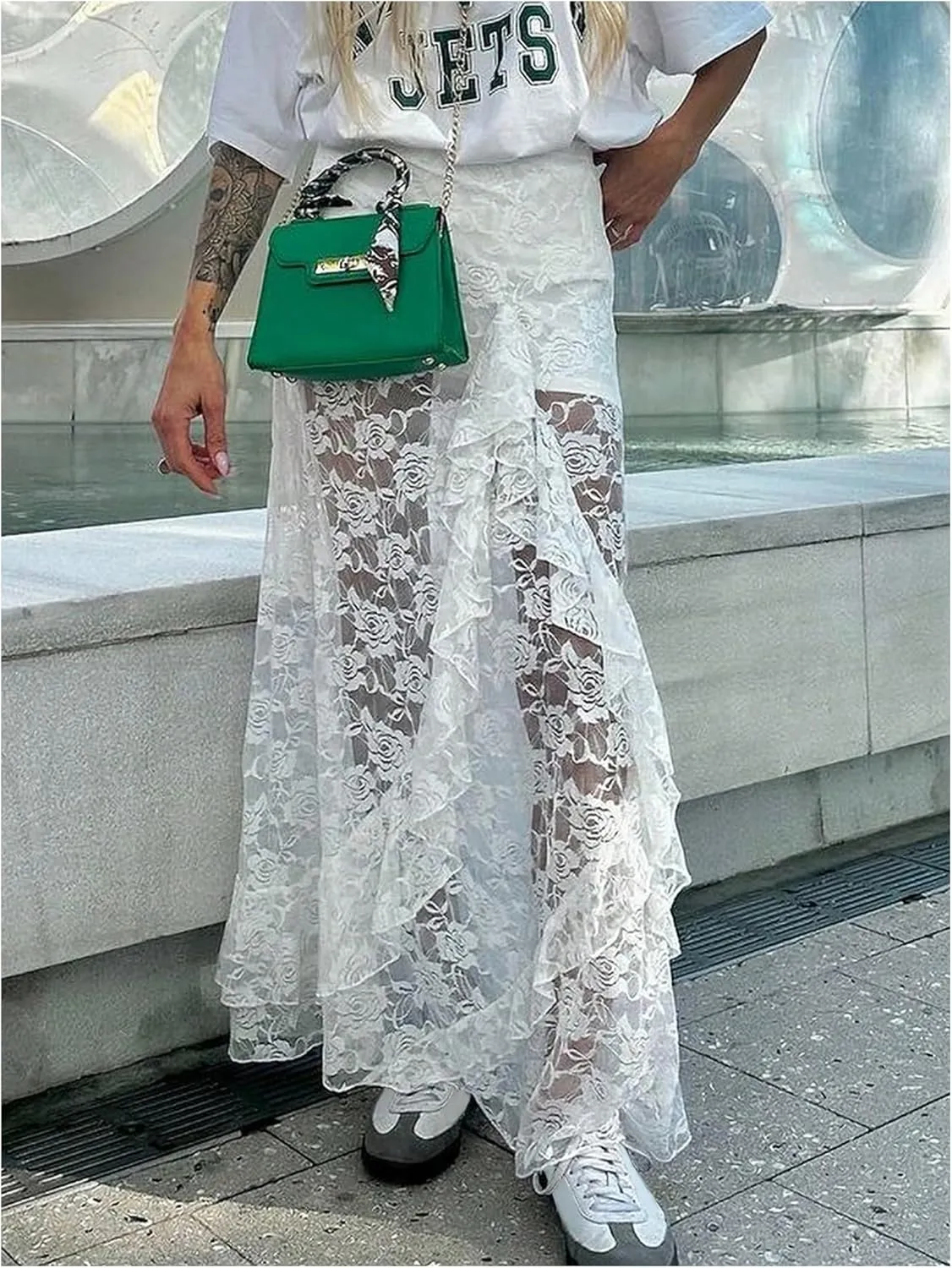 SHENHE Women's Sheer Lace Maxi Skirt Floral Print Ruffle Trim Elastic Waist See Through Fairy Y2K Long Skirt