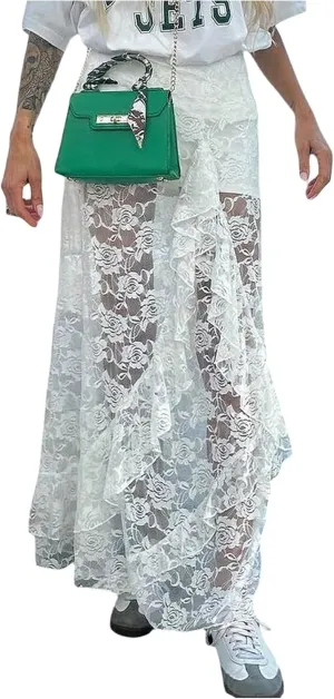 SHENHE Women's Sheer Lace Maxi Skirt Floral Print Ruffle Trim Elastic Waist See Through Fairy Y2K Long Skirt