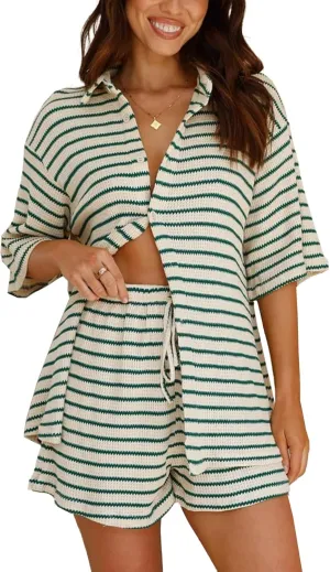 Shiyifa Womens Summer 2 Piece Shorts Sets Polo Neck Short Sleeve Top High Waist Shorts Knit Lounge Striped Outfits