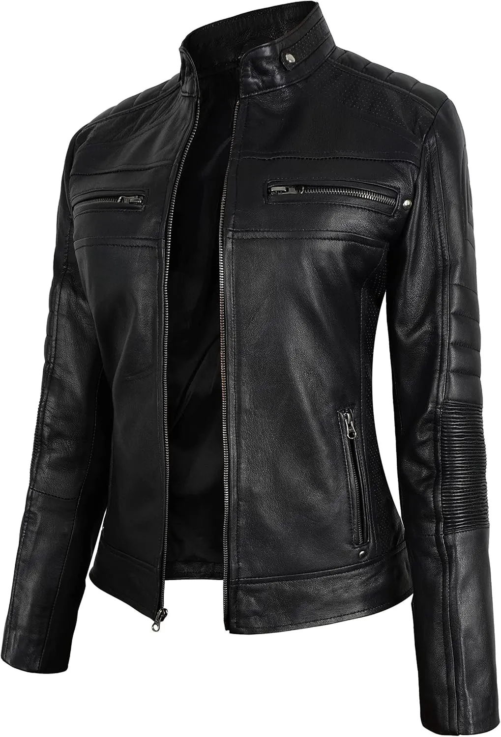SKY-SELLER Women's Rose Gold Brando Leather Jacket - Ladies Motorcycle Studded Black Biker Jacket
