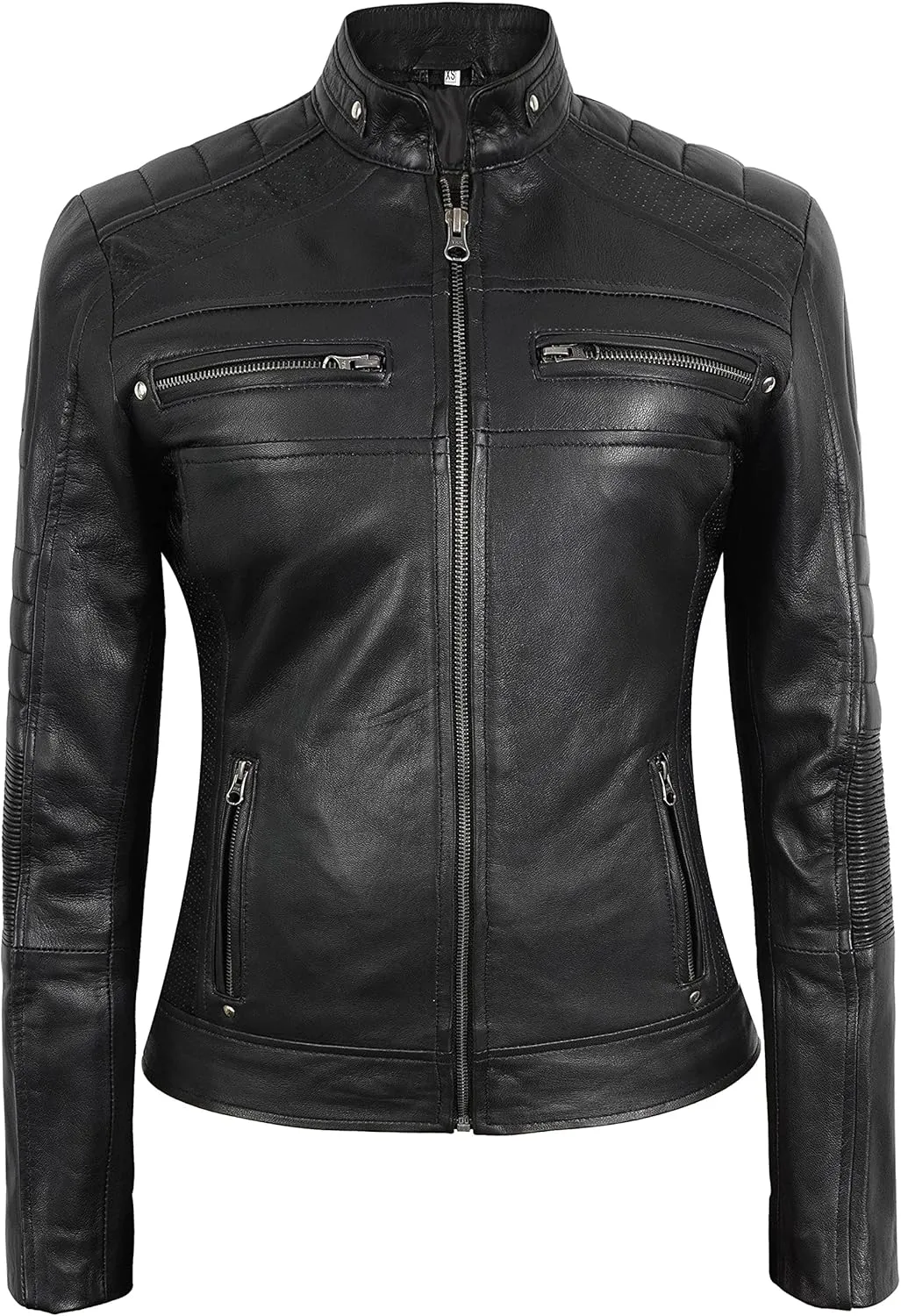 SKY-SELLER Women's Rose Gold Brando Leather Jacket - Ladies Motorcycle Studded Black Biker Jacket