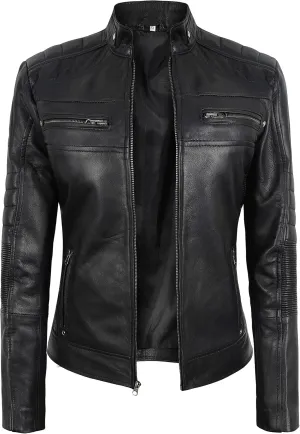 SKY-SELLER Women's Rose Gold Brando Leather Jacket - Ladies Motorcycle Studded Black Biker Jacket