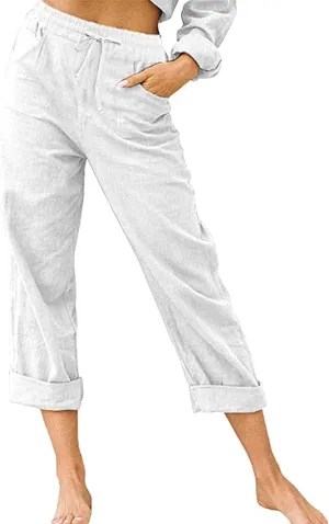 SMIDOW Women's Capris and Cropped Pants Drawstring Elastic High Waist Straight Leg Casual Loose Lounge Linen Pant Trousers
