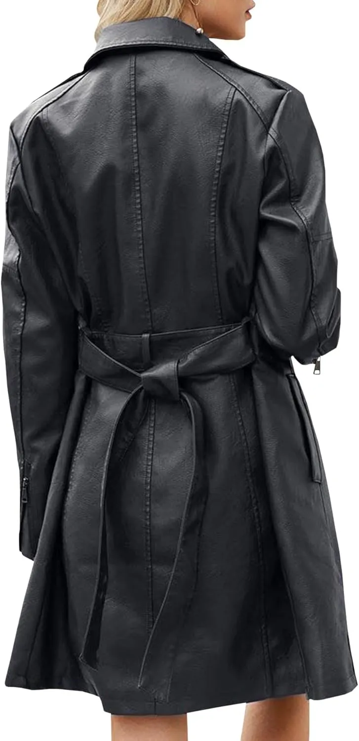 SOMTHRON Women's Mid Length Faux PU Leather Trench Coat Long Sleeve Zip Up Lapel Long Jacket Overcoat with Belt