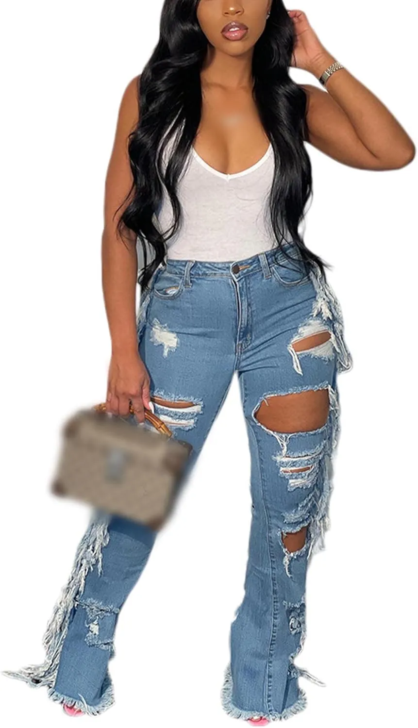 SOMTHRON Women's Tassel High Waisted Ripped Skinny Jeans Distressed Destroyed Long Fringe Denim Pants Hip Hop Streetwear