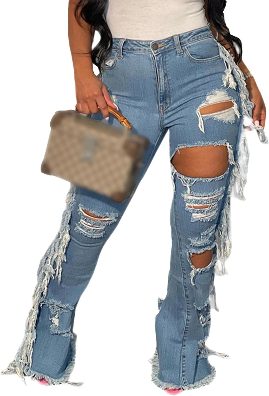 SOMTHRON Women's Tassel High Waisted Ripped Skinny Jeans Distressed Destroyed Long Fringe Denim Pants Hip Hop Streetwear