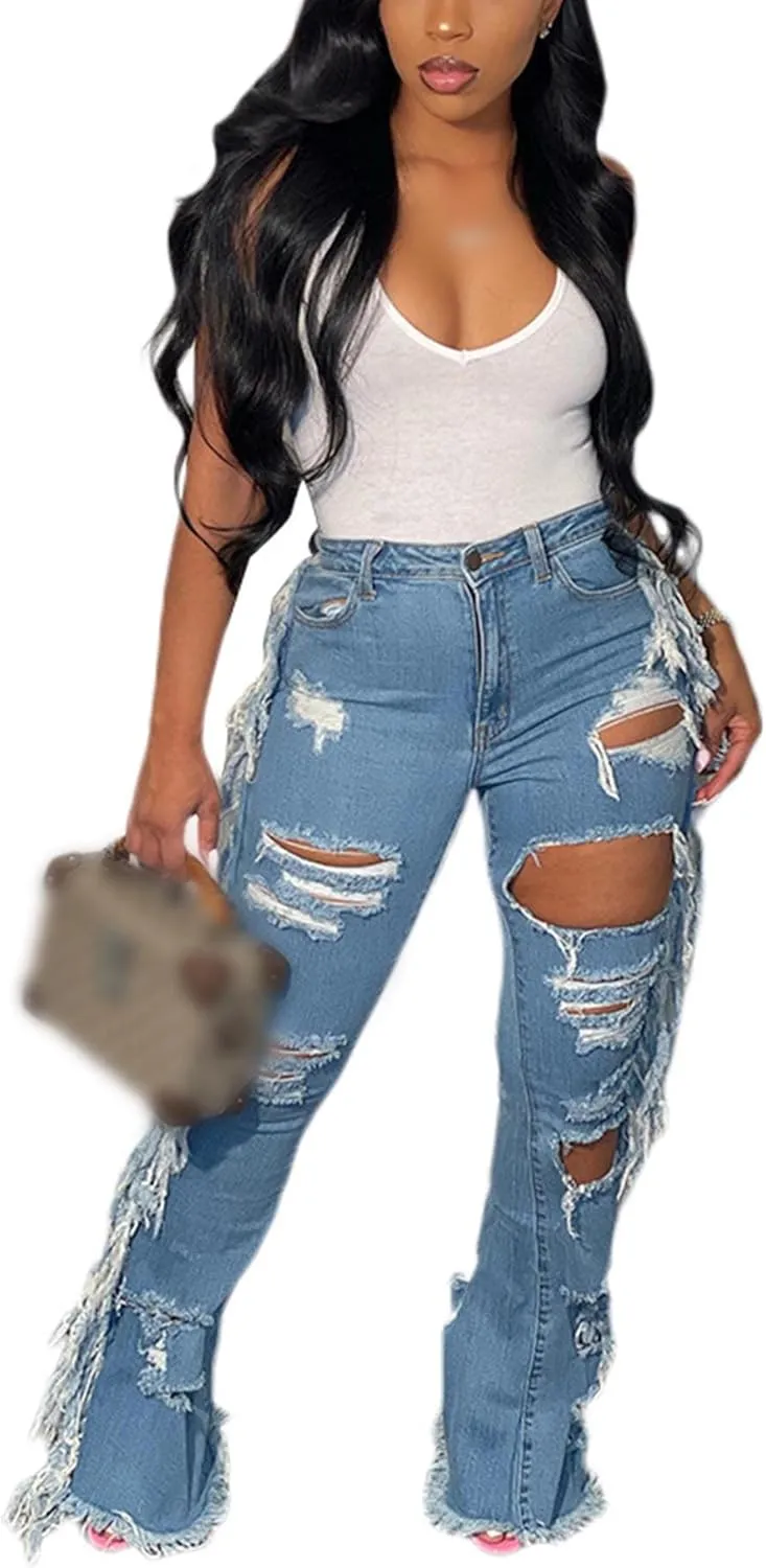 SOMTHRON Women's Tassel High Waisted Ripped Skinny Jeans Distressed Destroyed Long Fringe Denim Pants Hip Hop Streetwear