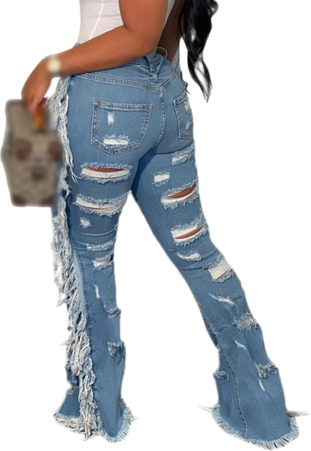 SOMTHRON Women's Tassel High Waisted Ripped Skinny Jeans Distressed Destroyed Long Fringe Denim Pants Hip Hop Streetwear