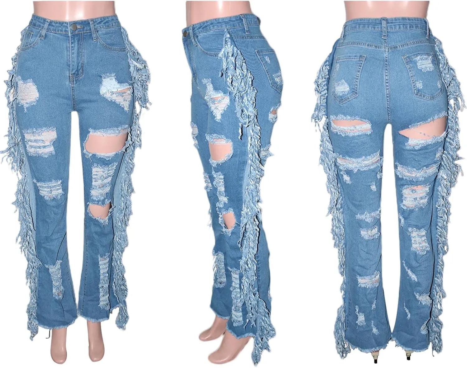 SOMTHRON Women's Tassel High Waisted Ripped Skinny Jeans Distressed Destroyed Long Fringe Denim Pants Hip Hop Streetwear