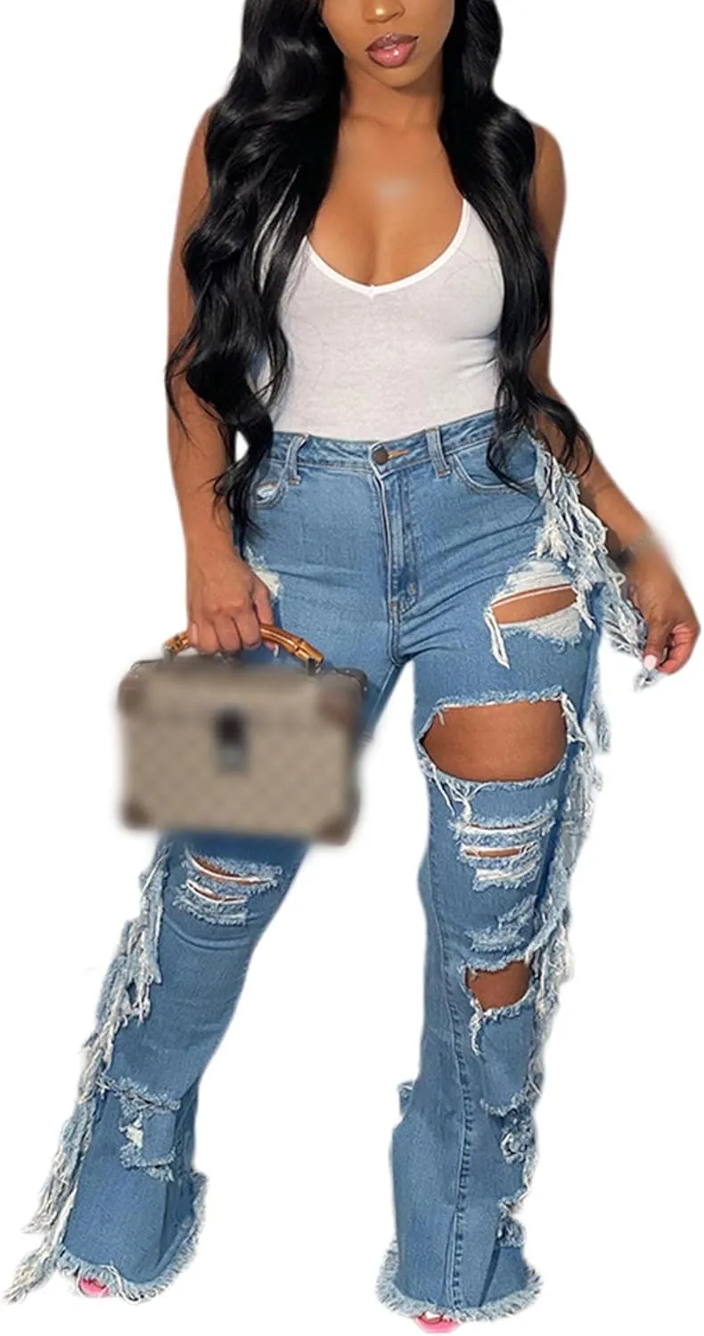 SOMTHRON Women's Tassel High Waisted Ripped Skinny Jeans Distressed Destroyed Long Fringe Denim Pants Hip Hop Streetwear