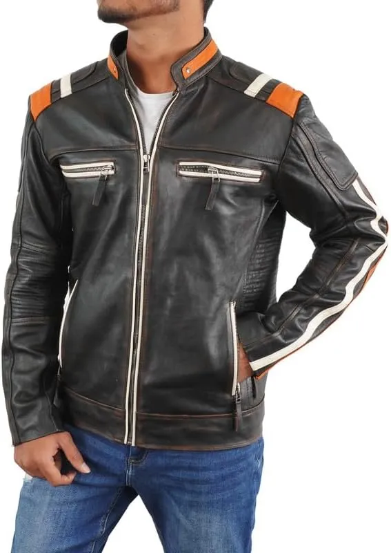 SpazeUp Harley Black Distressed Leather Biker Jacket Men - Vintage Cafe Racer Motorcycle Leather Jackets for Men
