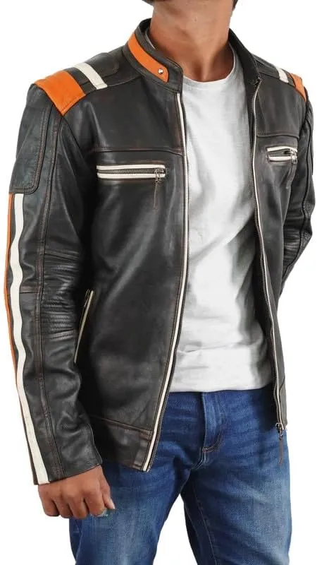 SpazeUp Harley Black Distressed Leather Biker Jacket Men - Vintage Cafe Racer Motorcycle Leather Jackets for Men