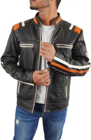 SpazeUp Harley Black Distressed Leather Biker Jacket Men - Vintage Cafe Racer Motorcycle Leather Jackets for Men