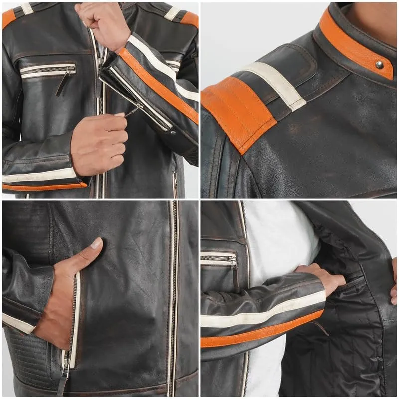 SpazeUp Harley Black Distressed Leather Biker Jacket Men - Vintage Cafe Racer Motorcycle Leather Jackets for Men