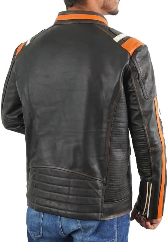 SpazeUp Harley Black Distressed Leather Biker Jacket Men - Vintage Cafe Racer Motorcycle Leather Jackets for Men