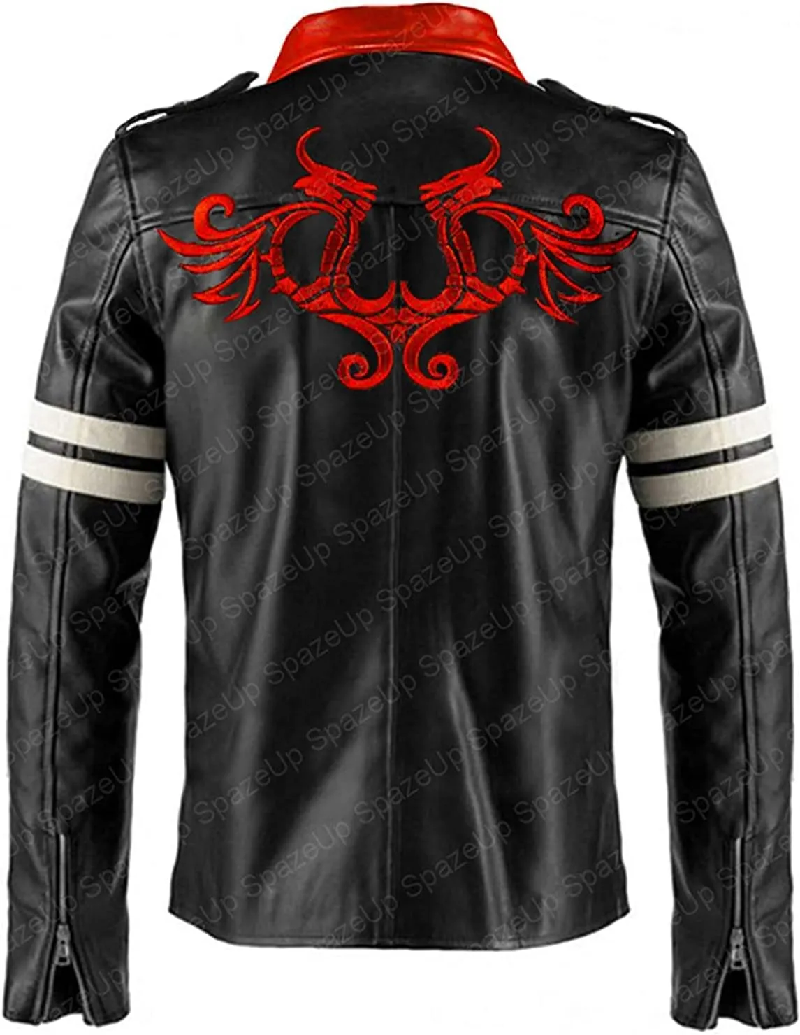 SpazeUp Men's Black Leather Gaming Jacket  Red Collar Video Game Cosplay Outfit for Halloween