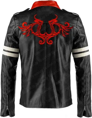 SpazeUp Men's Black Leather Gaming Jacket  Red Collar Video Game Cosplay Outfit for Halloween
