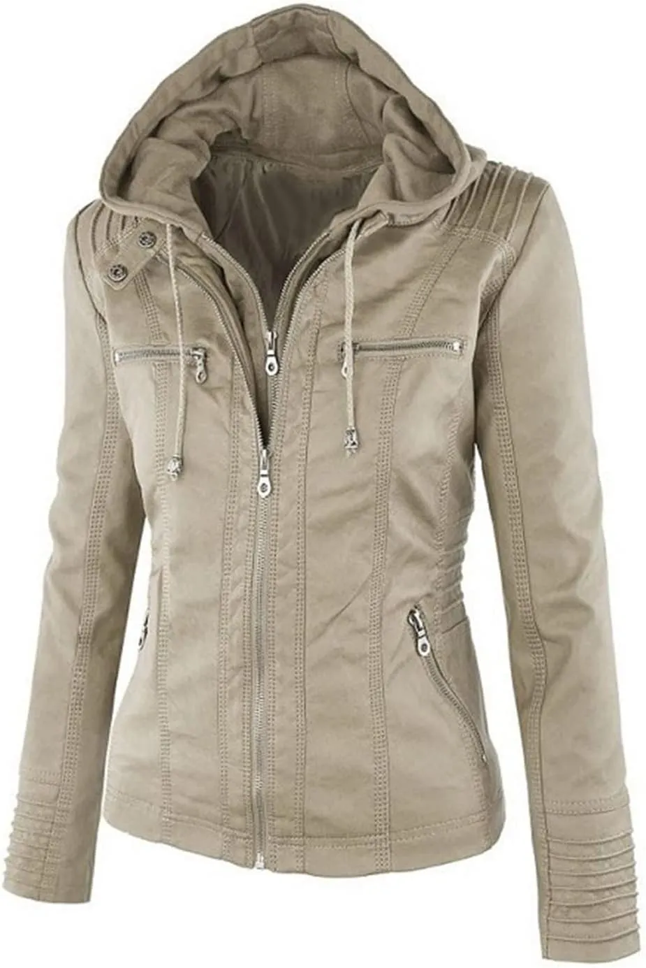 Springrain Women's Faux Leather Jacket Moto Biker Coat with Detachable Hood Motorcycle Jacket