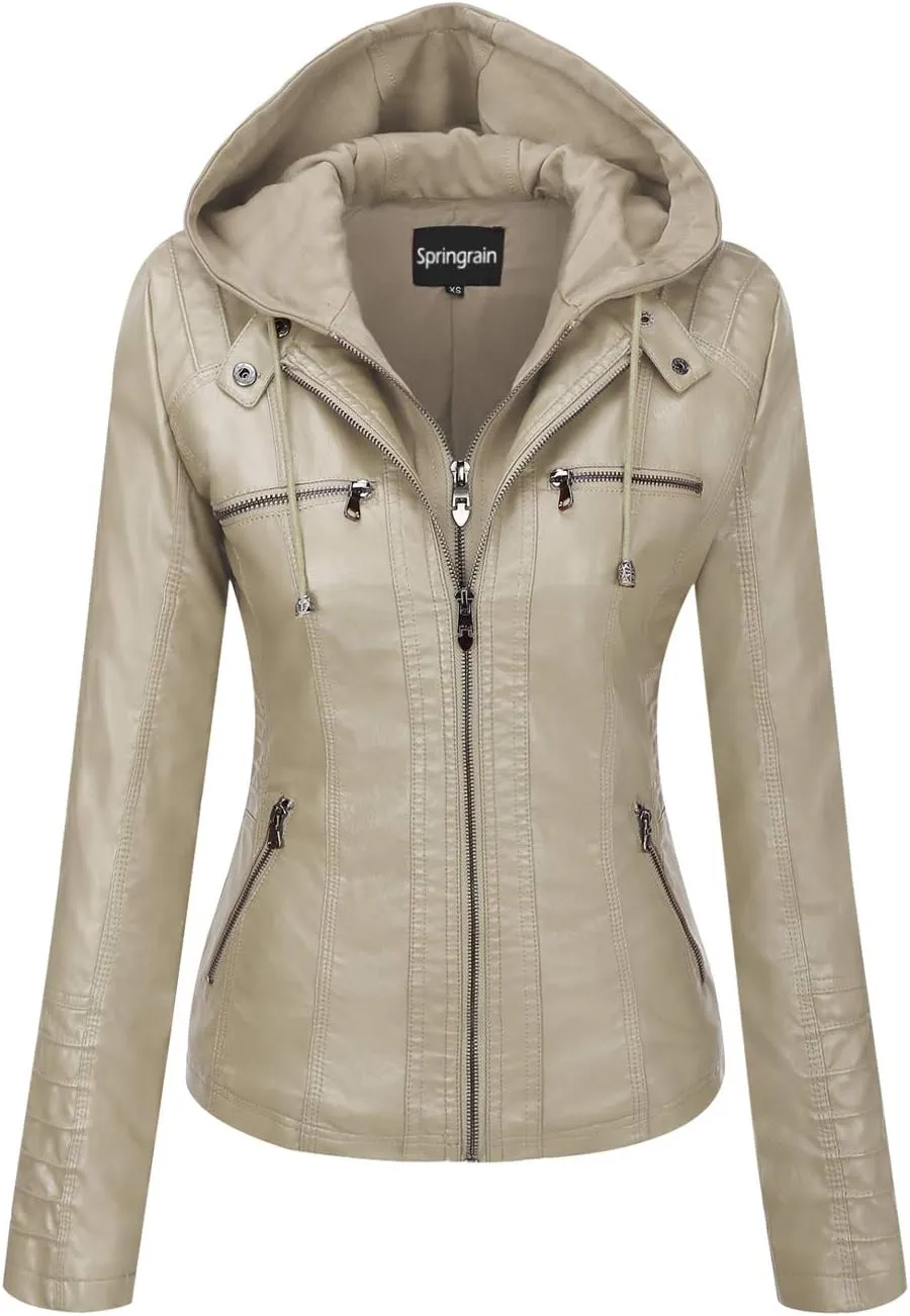 Springrain Women's Faux Leather Jacket Moto Biker Coat with Detachable Hood Motorcycle Jacket