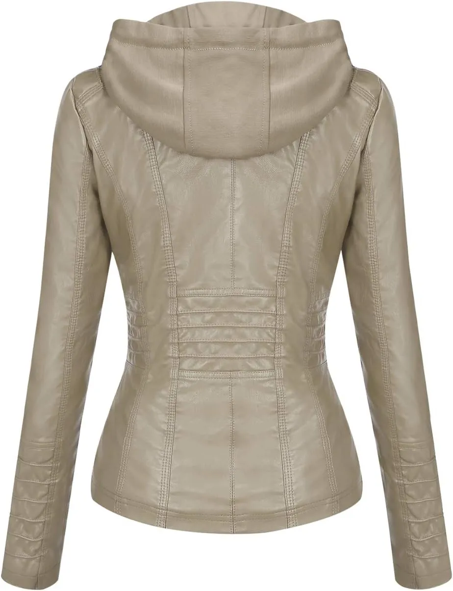 Springrain Women's Faux Leather Jacket Moto Biker Coat with Detachable Hood Motorcycle Jacket