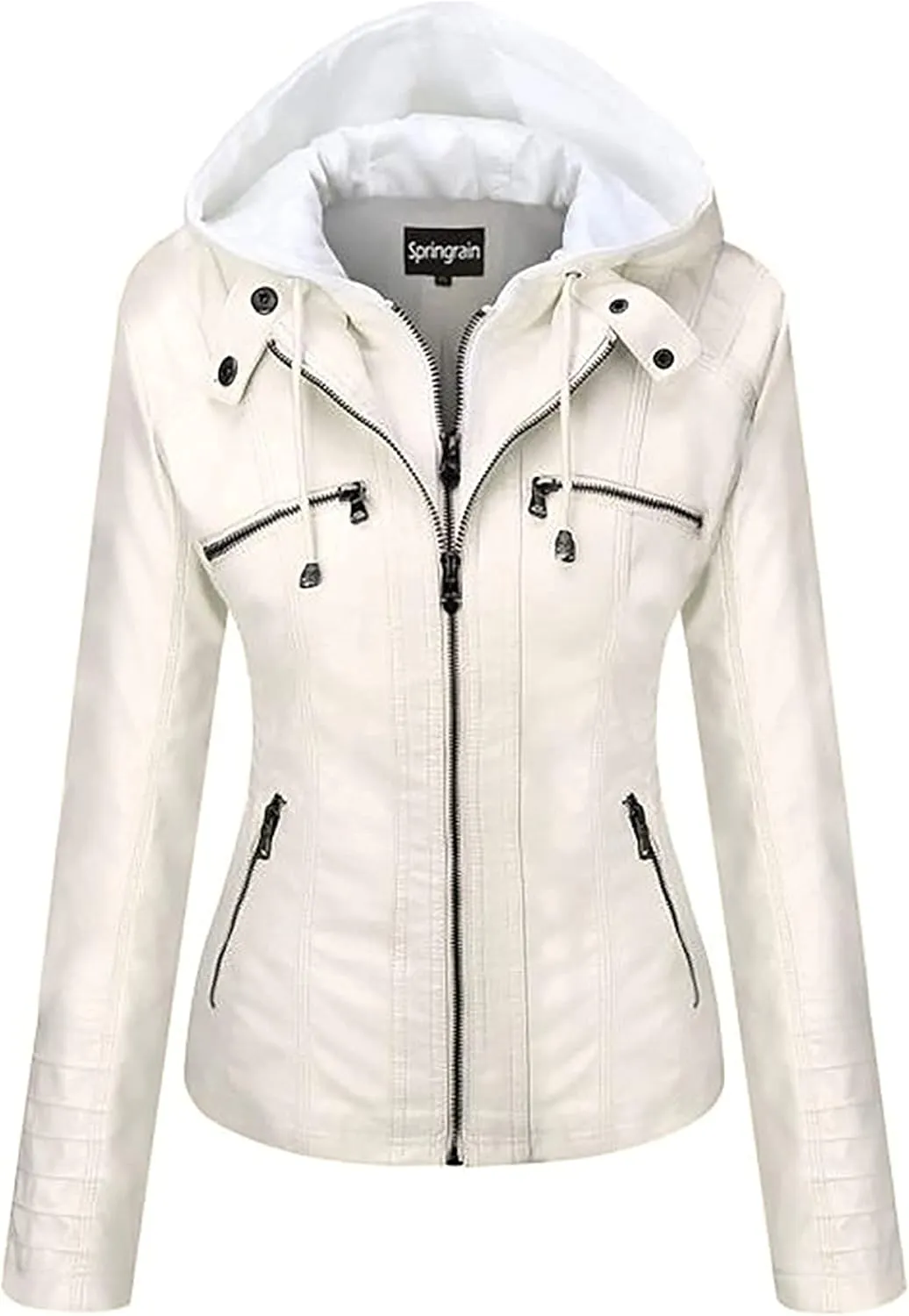 Springrain Women's Faux Leather Jacket Moto Biker Coat with Detachable Hood Motorcycle Jacket