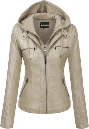 Springrain Women's Faux Leather Jacket Moto Biker Coat with Detachable Hood Motorcycle Jacket