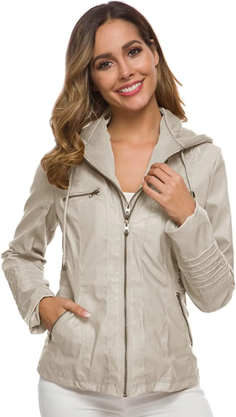 Springrain Women's Faux Leather Jacket Moto Biker Coat with Detachable Hood Motorcycle Jacket