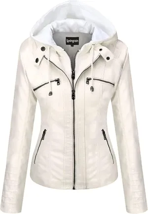 Springrain Women's Faux Leather Jacket Moto Biker Coat with Detachable Hood Motorcycle Jacket