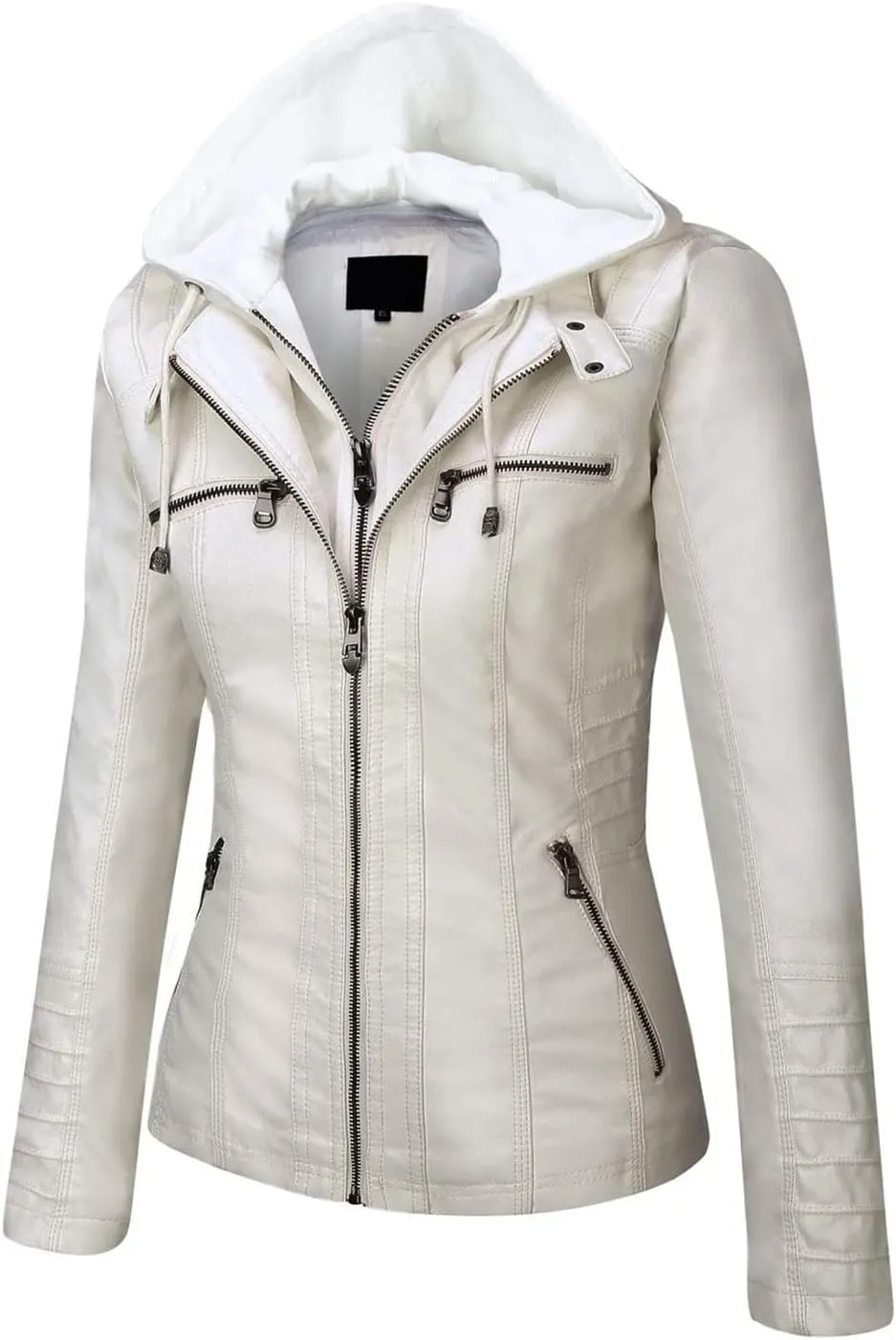 Springrain Women's Faux Leather Jacket Moto Biker Coat with Detachable Hood Motorcycle Jacket