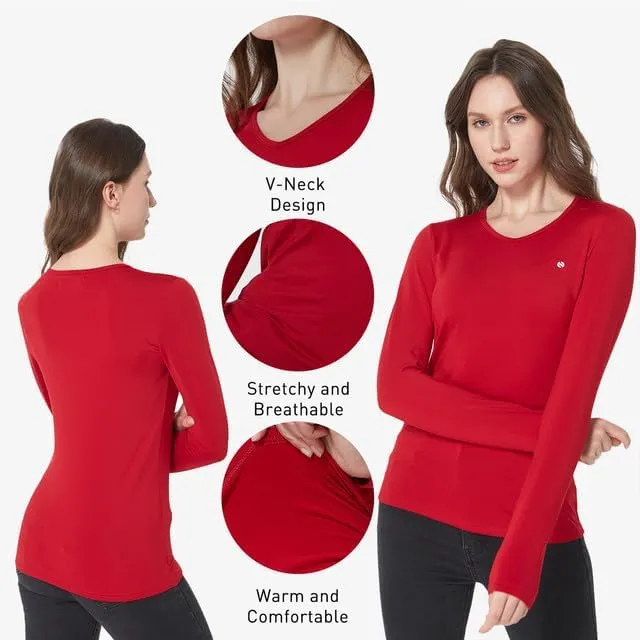 SSLR 2 Pack Women's Thermal Tops, Thermal Underwear for Women Long Sleeve Tee Shirts Basic Layering V Neck Fleece